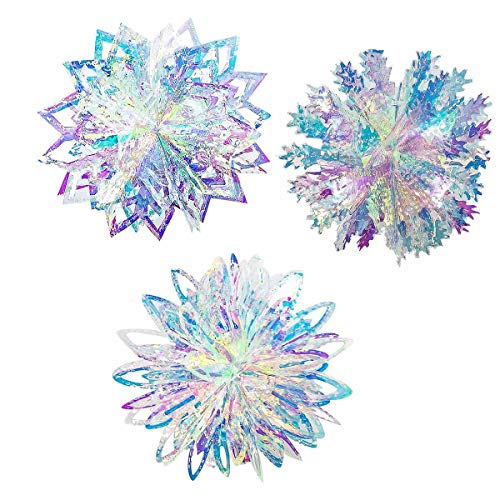 Cnuser Iridescent Snowflake Star Flower Ball Ornament Hanging Decorations, Clear Foil Decorative Folding Decor, Rainbow Shine Party Ornaments For Wedding Birthday Christmas Frozen Theme Party #TOP16