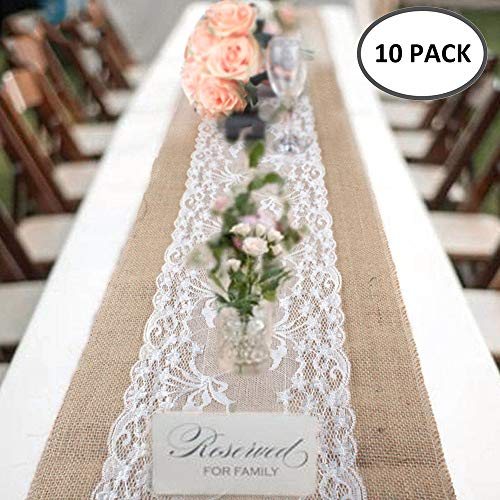 Littlegrasseu 10PCS Camino de Mesa Yute Rústico Vintage de Encaje Cubierta para Mesa de Arpillera Natural para Boda Fiestas Eventos Decoración 30*275cm