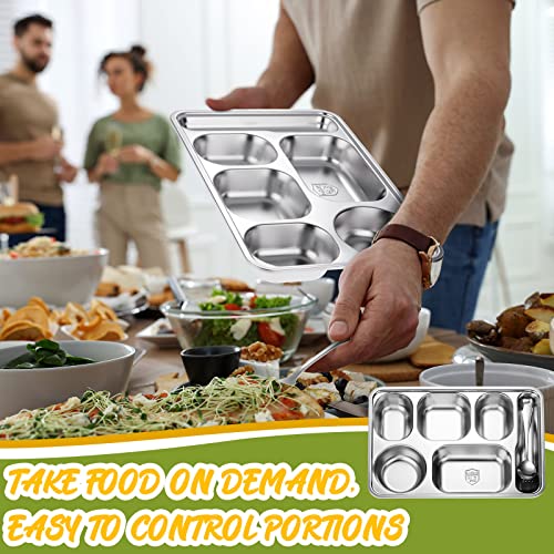 8 Pack 304 Stainless Steel Divided Plates With 8 Spoons 8 Forks Rectangular Metal Dinner Eating Tray Bulk For Adults Kids Food Portion Control Camping Lunch School, 11.1 Inches (6 Compartment) #TOP4
