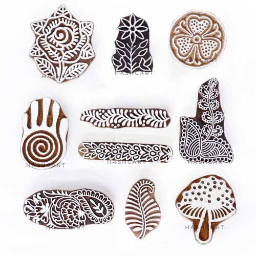 Image of Hashcart | Set of 10 | Handcarved Multi Shape Floral Design Stamps for Scrapbooking | Wooden Blocks for Project Designing | Henna | Clay | Pottery Craft | Tattoo | Project Making