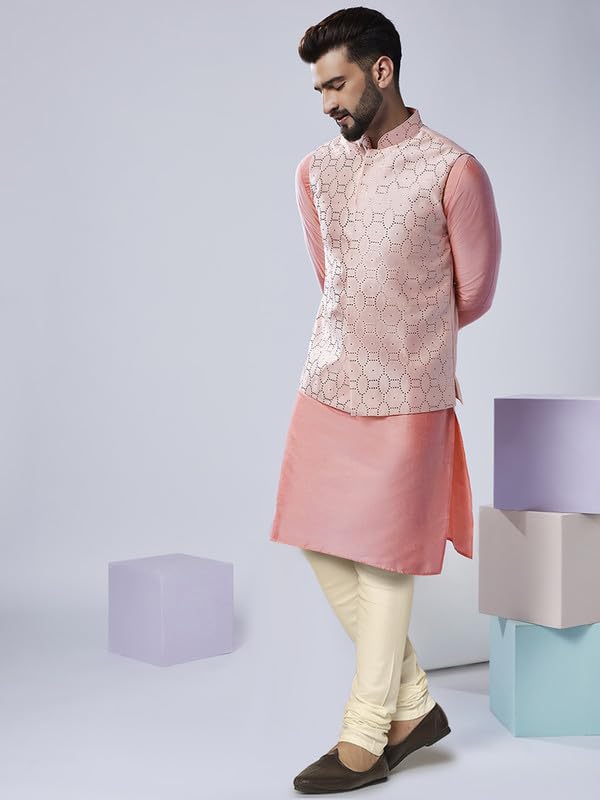 Image of KISAH Men Printed Kurta Jacket Set, Full Sleaves, Knee Length, Straight, Regular Fit, Mandarin Collar Ethnic Wear