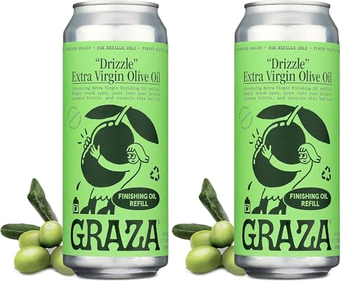 Image of Graza Drizzle Extra Virgin Olive Oil, Finishing Oil - High Polyphenol Early Harvest EVOO Finishing Oil in a Squeeze Bottle - Single Farm Olives from Spain - 16.9 Fl Oz (500ml) Refill Can (Pack of 2)