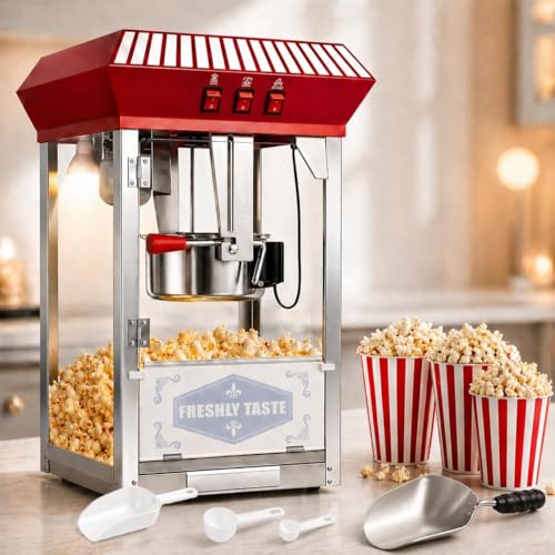Image of Commercial Popcorn Machine, 12 Oz Kettle, Movie Theater Popcorn Machine,Vintage Red Tabletop Pop Corn Machine with Stainless-Steel Kettle & Steel Frame Tempered Glass Doors