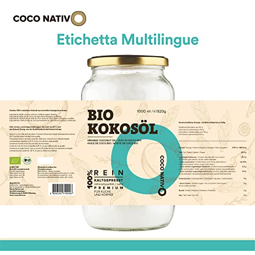 Olio di Cocco Biologico Extra Vergine CocoNativo –1000ml– Crudo e Spremuto a Freddo; Organico e Puro; Non Processato, (Bio Nativo), Ideale per Capelli, per il Corpo e ad Uso Alimentare, Non Raffinato