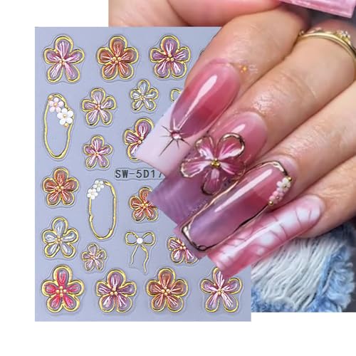 Cosmeria Nagelsticker Blumen, 2 hojas de pegatinas de uñas 5D con flores, diseño de uñas para primavera y verano, pegatinas de uñas con flores rosas y doradas para DIY