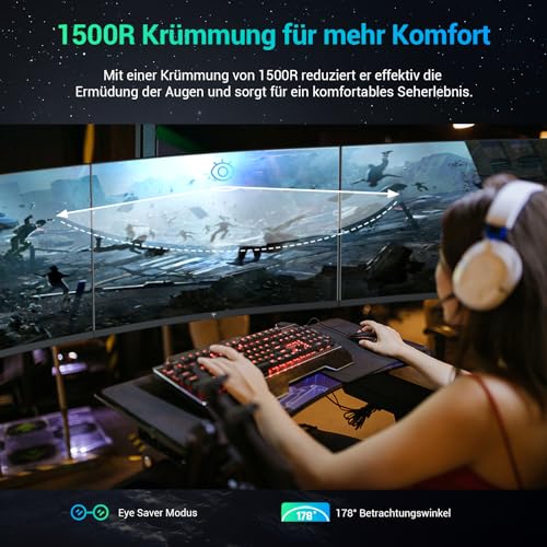27" Ecran PC Gamer Incurvé, 180Hz 2K Moniteur Gaming, QHD 2560 x 1440p,1ms VA 1500R sans Cadre, 120% sRGB, HDR 10, FreeSync & G-Sync, Réduction Lumière Bleue, VESA, DP, HDMI 144Hz, H27S17 – Image 4