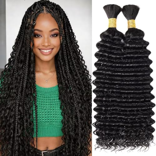 Boho Hair for Braiding Curly Virgin Human Braiding Hair for Women 100g 16 Inch 12A Knotless Deep Wave Bulk Bohemian Styles 2 Bundles/Pack Natural Black