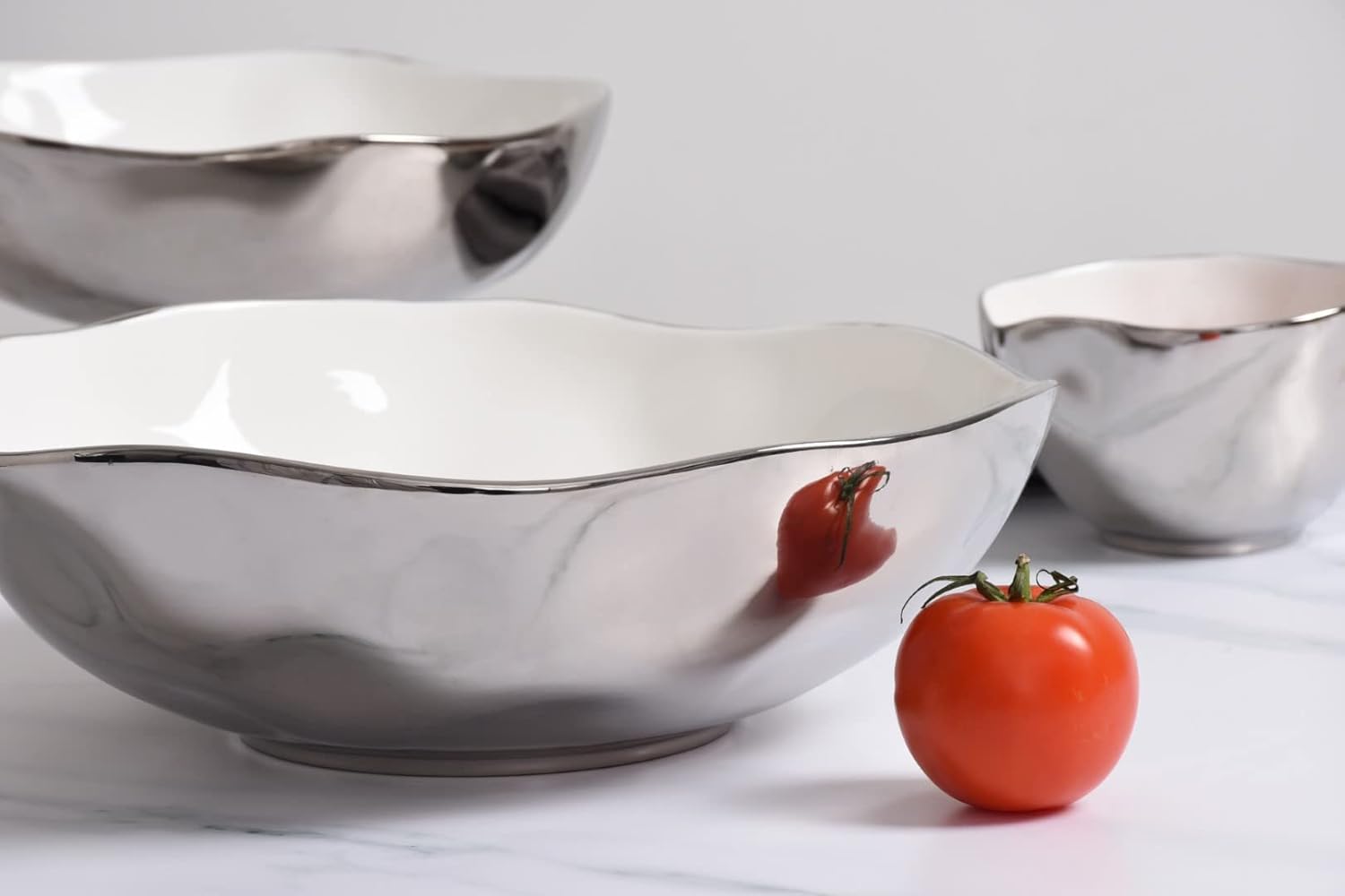 Pampa Bay Titanium-Plated Porcelain Wide Bowl, 12 Inch, Silver/White Tone, Oven, Freezer, Dishwasher Safe