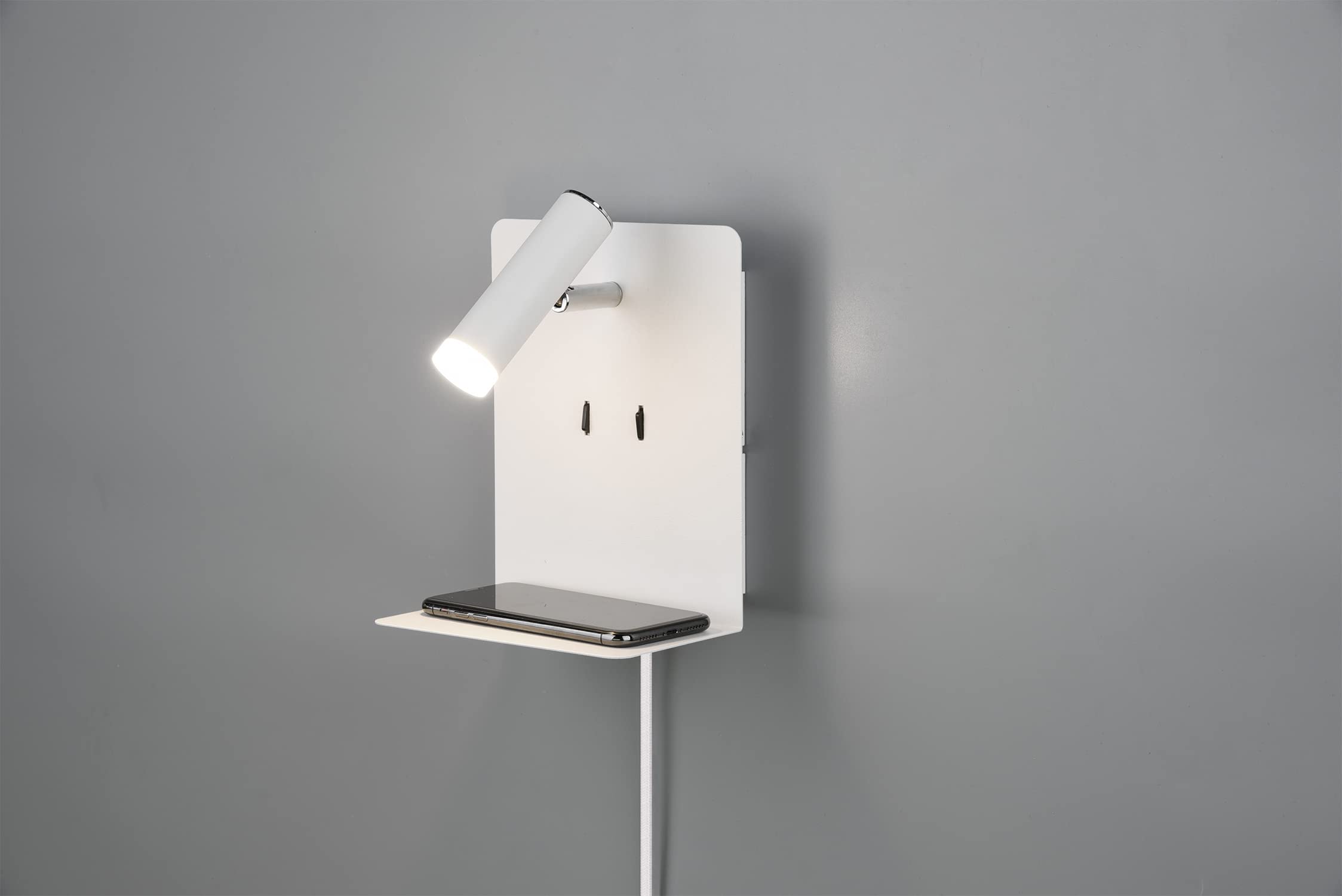 LED Wandleuchte Nachttischlampe Kian mit Lese Spot und Ablage für Handy (inkl. USB Anschluss zum Aufladen) in weiß metall, 16 x 20 x 14 cm