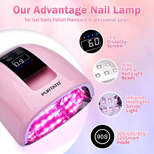 Purtato Professional Salon Rechargeable 90W Uv Led Cordless Nail Lamp,45 Lamp Beads Long Battery Life,Removable Stainless Steel Bottom, No Black Hands Nail Dryer (Pink) #TOP3