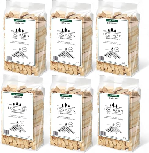Log Barn Kiln-Dried Kindling Wood for Wood Burner – approx. 13kg (6 x 15l Bags) | Bumper Pack Kindling Sticks for Log Burners, Fire Pits, Pizza Ovens & Open Fires - Ideal for Home & Commercial Use.