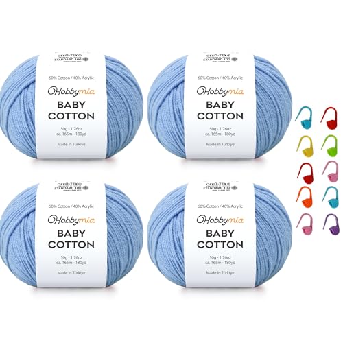 Image of Baby Cotton Blend Yarn - Soft Sport Weight Yarn for Crochet & Amigurumi - 50g /180yds - 60% Cotton 40% Acrylic - Ideal for Baby & Knitting Proj. & 10 Stitch Markers(Light Blue, 4 Balls)