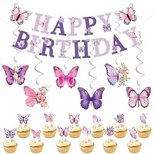 Butterfly Theme Party Supplies Happy Birthday Banner Hanging Swirls Butterfly Cake Toppers for Happay Birthday Party Decorations Butterfly