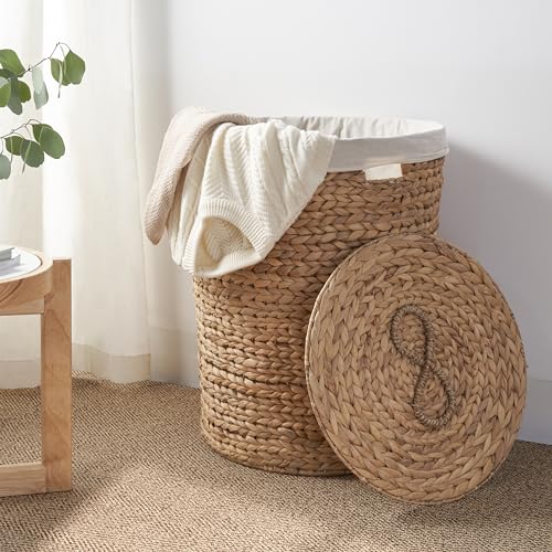 Image of Round Woven Wicker Laundry Hamper with Lid - Large Water Hyacinth Storage Basket, 18x18x23 in
