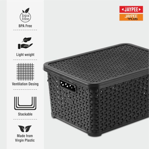 Image of Jaypee Plus Keep all 3 Plastic Storage Basket Organizers With Lid For Kitchen,Fridge, Office Wardrobe, Stationery, Household, Toys & Multipurpose use Pack of 3 Durable Box, Black