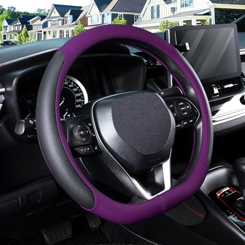 SEG Direct D Shaped Steering Wheel Cover for 14.5-15 inch Flat Bottom Wheels Breathable Perforated Microfiber Leather Anti-Slip Grip Universal Fit for Cars & SUVs Black and Dawn Purple