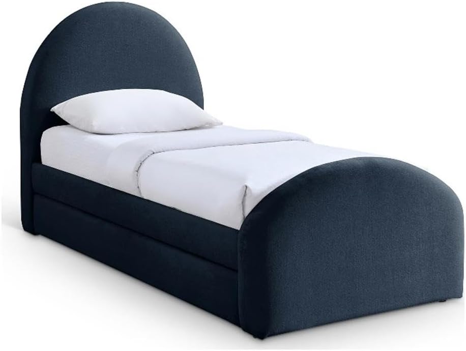 BOWERY HILL Contemporary Twin Trundle Bed, Navy Chenille Fabric Upholstered, 43.5" W x 88.25" D x 49.25" H, Optional Left/Right Trundle, Fits 6" Mattress or Storage, Durable Design for Bedroom