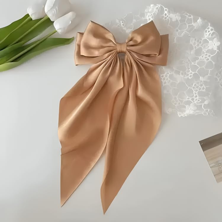 Image of FilterFashion Big Satin Layered Hair Bows for Women Girls 11.5 Inch Barrette Hair Clip Long Back Ribbon Bows French Style Hair Accessories (Gold-1Pcs)