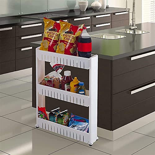 Image of 3 Layer Storage Organizer Slim Rack and Shelf with Wheels for Easy Slide | Unbreakable Plastic, white