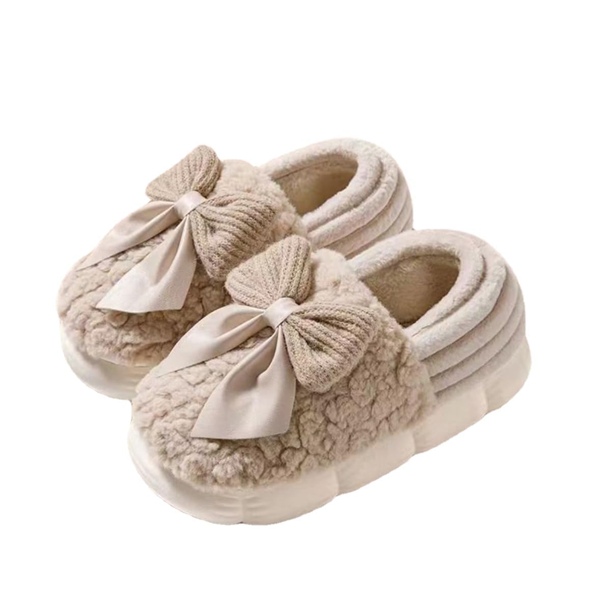 pzq Fuzzy Bow Tie Slippers for Women Closed Back Fluffy House Shoes Winter Indoor Outdoor Slippers