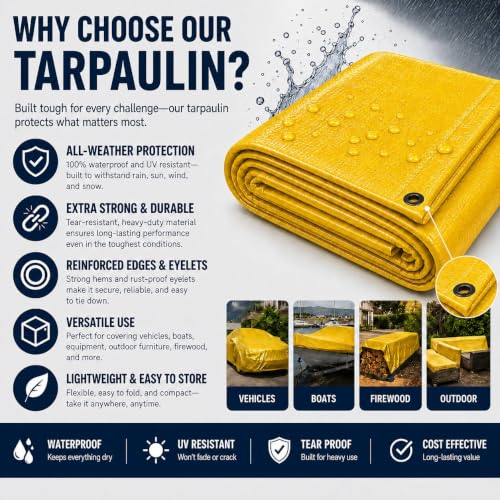 Image of Tarkka 15x12ft Yellow Tarpaulin Sheet, 120 GSM Virgin Waterproof Tirpal /Tadpatri Cover with Reinforced Eyelets & UV Protection for Home, Farm & Truck, 1 Sheet
