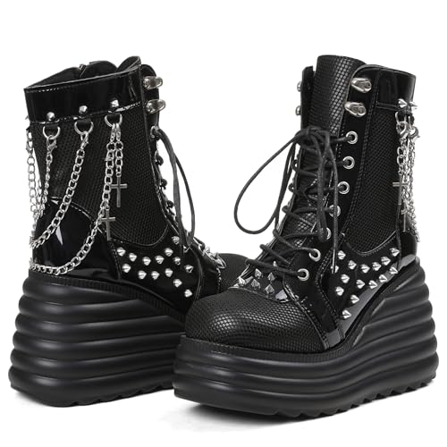 Lyrisiphy Women's Gothic Ankle Boots Black Platform Combat Boots with Punk Chains & Studs Lace Up Wedge Boots for Womens Rave Festivals Halloween2