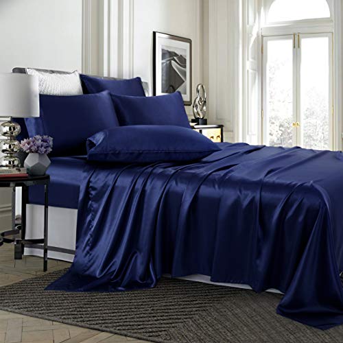 Treely 6 Piece Satin Sheets California King Size Silky Smooth Navy Blue Satin Sheet Set With Deep Pocket, Satin Fitted Sheet, Flat Sheet, 4 Satin Pillowcase #TOP1