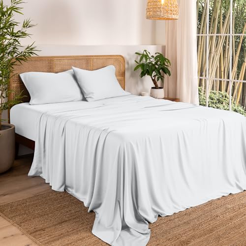 Bare Home 100% Rayon Made from Bamboo Luxury Queen Sheet Set - 4 Piece Bedding Set - Deep Pockets - Cooling Sheets - Breathable - Easy Fit - Soft Bedding Sheets & Pillowcases (Queen, White)