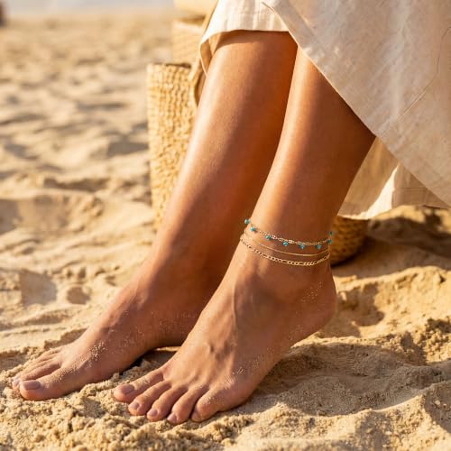 Image of MTMY Gold Anklets for Women 14K Gold Plated Tiny Bead Anklet Colorful Tassel Foot Chain Dainty Adjustable Cute Summer Beach Boho Anklets Jewelry Gift
