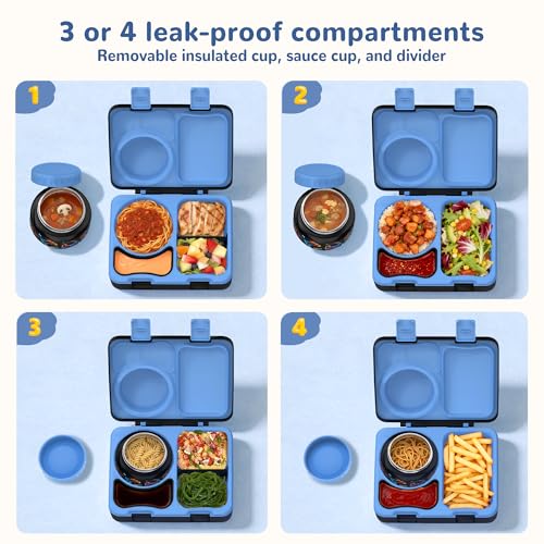 Image of Bento Box for Kids, Leakproof Kids Lunch Box with 8.5OZ Thermo Food Jar & Lunch Bag, 3-4 Compartments Toddler Insulated Lunch Box for Boys, BPA Free Lunch Containers for School Daycare
