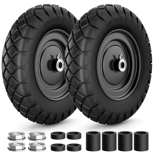 RONPOW 4.80/4.00-8 Flat Free Wheelbarrow Tire and Wheel 16 Solid Puncture Proof Replacement Tires with 5/8 & 3/4 Bearings 400Lbs Load Universal Fit for Garden Farm & Construction 2Pack Black