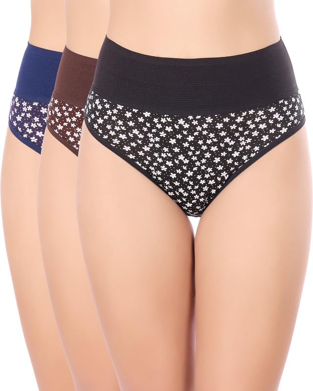 Women Premium High-Rise Briefs | Cotton Self Design Panty Outer Elastic Waistband | Bulge Control & Comfortable Fit 2977 (Pack of 3)-image-21