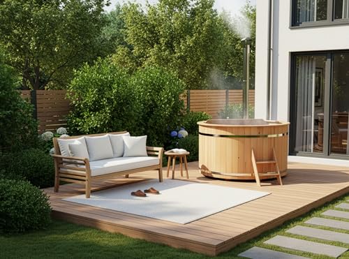 FinnTherm Holz Badefass Bergen, Hot Tub Ø 160 x 110 cm, inkl. Edelstahl-Ofen 22 kW und Einstiegsleiter, 3-4 Personen, Schwimmbecken, Badebottich, Sprudelbad