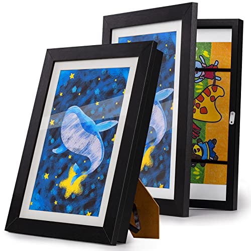 FHTWRR 2 Pack Kids Art Frame with Storage - Front Opening Kids Art Frames - Open Display Picture Frames for Kids Drawings, Artworks Children Art Projects (Black)