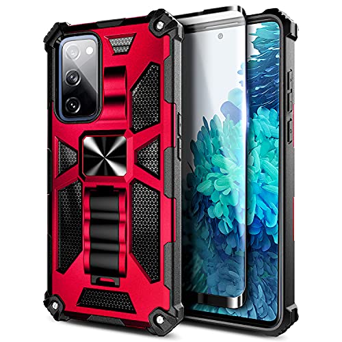 NZND Case for Samsung Galaxy S20 FE / S20 FE 5G with Tempered Glass Screen Protector (Maximum Coverage), Full-Body Protective [Military-Grade], Built-in Kickstand, Heavy-Duty Durable Case (Red)