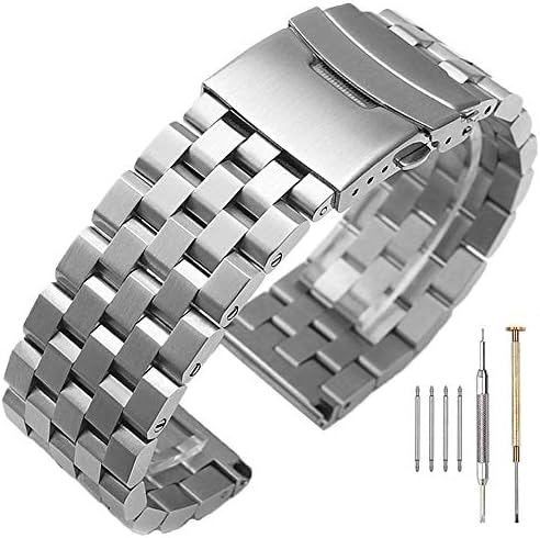 SINAIKE 22mm Watch Band For Men Brushed Stainless Steel Watch Bracelet 5 Rows Engineer Wristband Heavy Double Lock Clasp Watch Belt Solid Metal Silver Strap