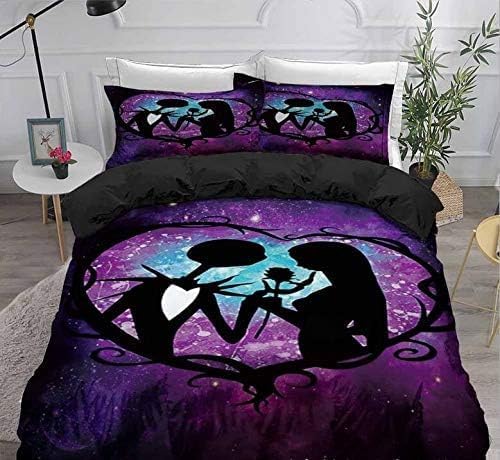 Ankeyoo 3pcs Nightmare Christmas Duvet Cover Sets, Jack and Sally Rose Decor,100% Microfiber Galaxy Bedding Set with Pillow Shams 3PCS Bedding, No Comforter (King (U.S. Standard))