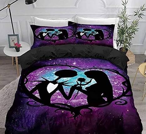 Ankeyoo 3pcs Nightmare Christmas Duvet Cover Sets, Jack and Sally Rose Decor,100% Microfiber Galaxy Bedding Set with Pillow Shams 3PCS Bedding, No Comforter (Twin)