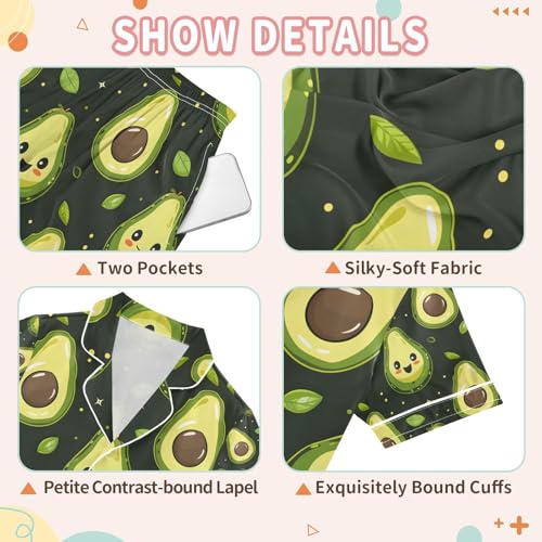 senya Cartoon Avacado Smile Satin Summer Pajama Sets Silk Short Sleeve Button Down Sleepwear3