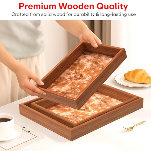 Image of Rioware Wooden Trays Enamel Coated Rectangular Trays Set of 3 Serving Trays Wooden Tray Kitchen & Dining Decorative Resin Tray Cream- Midnight Ember (Terramarble New)