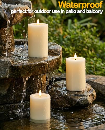 Image of Gmnee 3 inchx4 inch Outdoor Waterproof Flameless Candles with Remote and Timers, LED Candles, Battery Operated Candles, Electric Fake Pillar Candles for Patio, Porch, and Lanterns Decor (Ivory, Plastic)