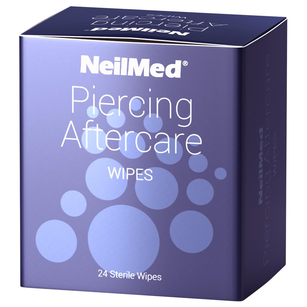 NeilMed Piercing Aftercare Sterile Saline Wipes. Plant Based, Non Woven and Preservative Free - 24 Individual Foil Package Piercing Aftercare Saline Wipes