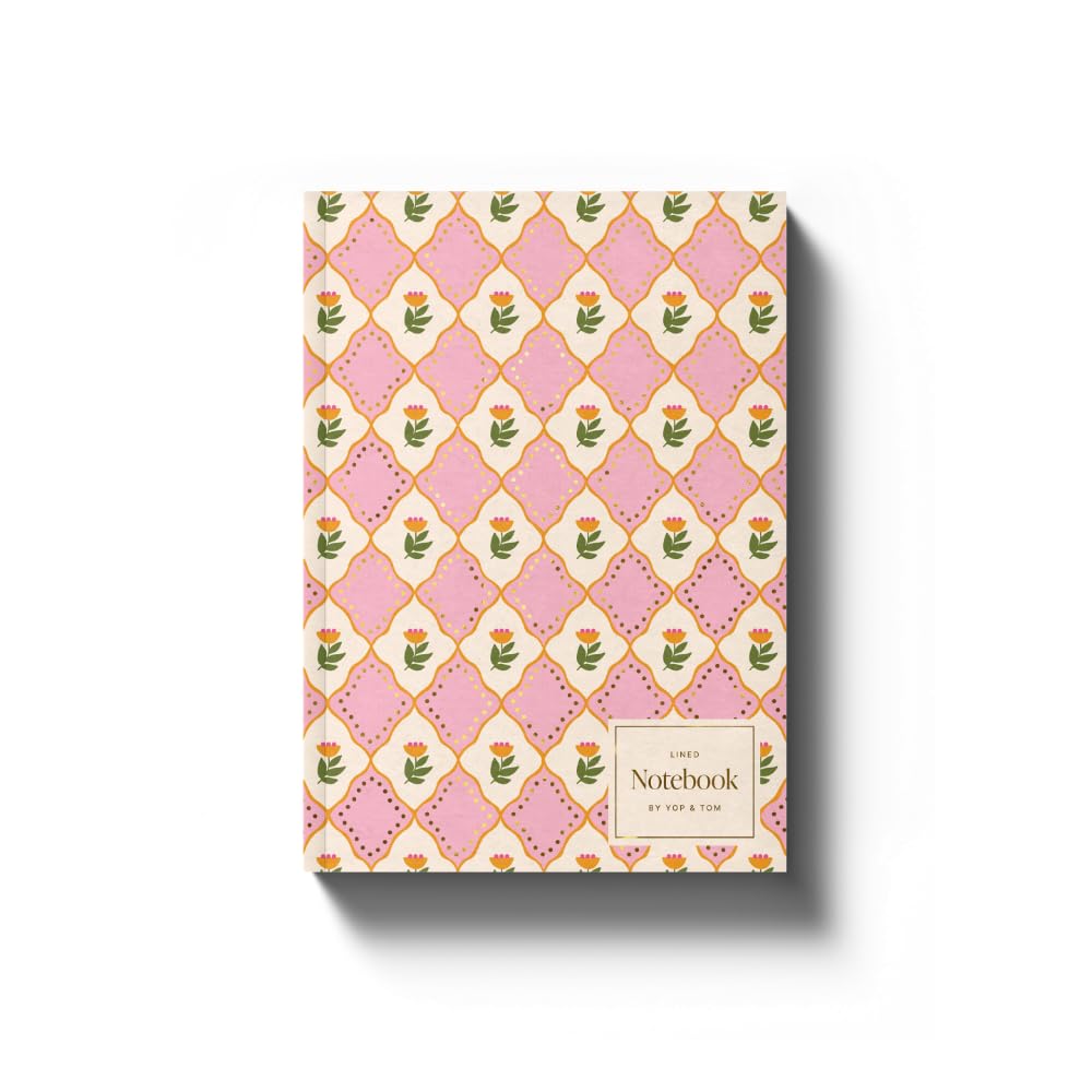 Yop & Tom Luxe Pattern Notebook - A5 lined softcover journal with intricate floral pattern and gold foil details - Pink