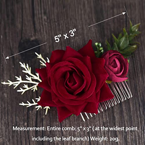 Fangsen Wedding Rose Flower Hair Comb Bridal Headpiece Floral Hair Accessories For Brides And Bridesmaids (Deep Red 02) #TOP2