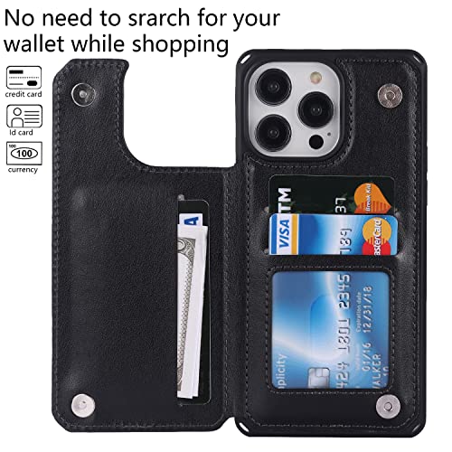 Image of Cavor for iPhone 14 Pro Case with Card Holder,for iPhone 14 Pro Wallet Case for Women Men,Phone Case for iPhone 14 pro with Stand Credit Card Holder, Leather Strap Shockproof Cover- Black