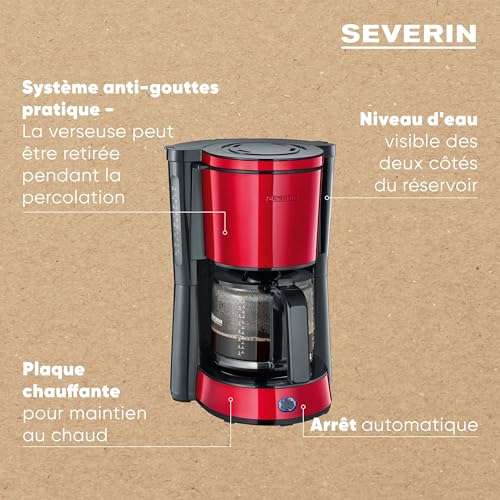 SEVERIN Cafetière Filtre "Type", 1 000W, 1,4L, Juqu'à 10 tasses, Porte-filtre amovible, Système anti-goutte, Noir/Rouge, KA 4817