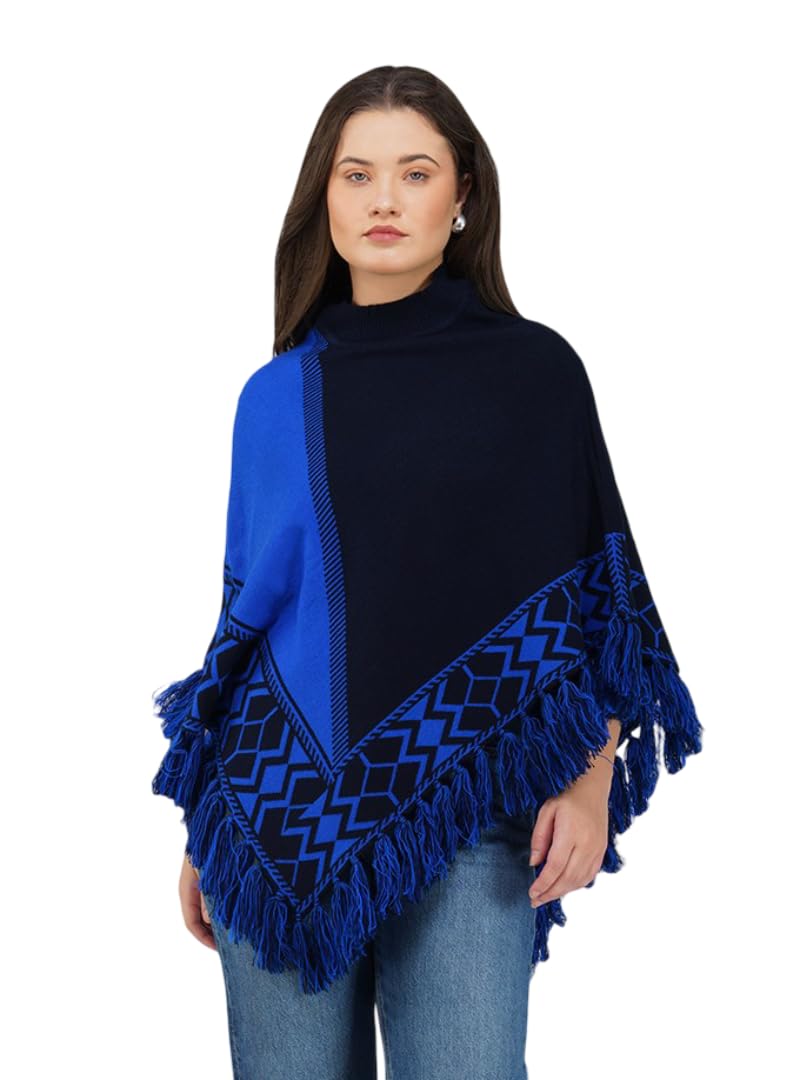 joe hazel Women Royal Blue Poncho – Fringed Cape with Tribal Design-picture-37