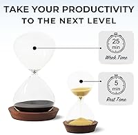 Vista 2 de Decorative Hourglass Sand Timer Set - Includes 25 and 5 Minute Sandglass Pomodoro Timers with Wooden Bases - Time Management Productivity Tool