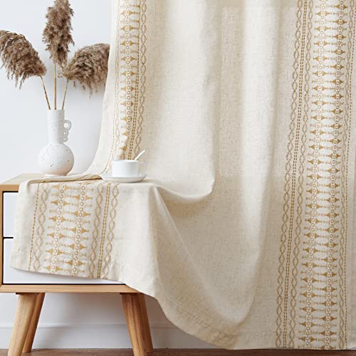 Jinchan Boho Curtains Embroidered Window Curtains For Bedroom Linen Curtains Geometry Grommet Bohemian Window Treatment Set For Living Room 84 Inches Long 2 Panels Gold On Beige #TOP3
