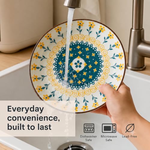 Image of Premium Ceramic Pasta Plates with Elegant Blue & Yellow Floral Design, Deep Serving Plates for Pasta, Salad, Noodles, Biryani & Desserts, Microwave & Dishwasher Safe (Blue, White, Pack of 2)